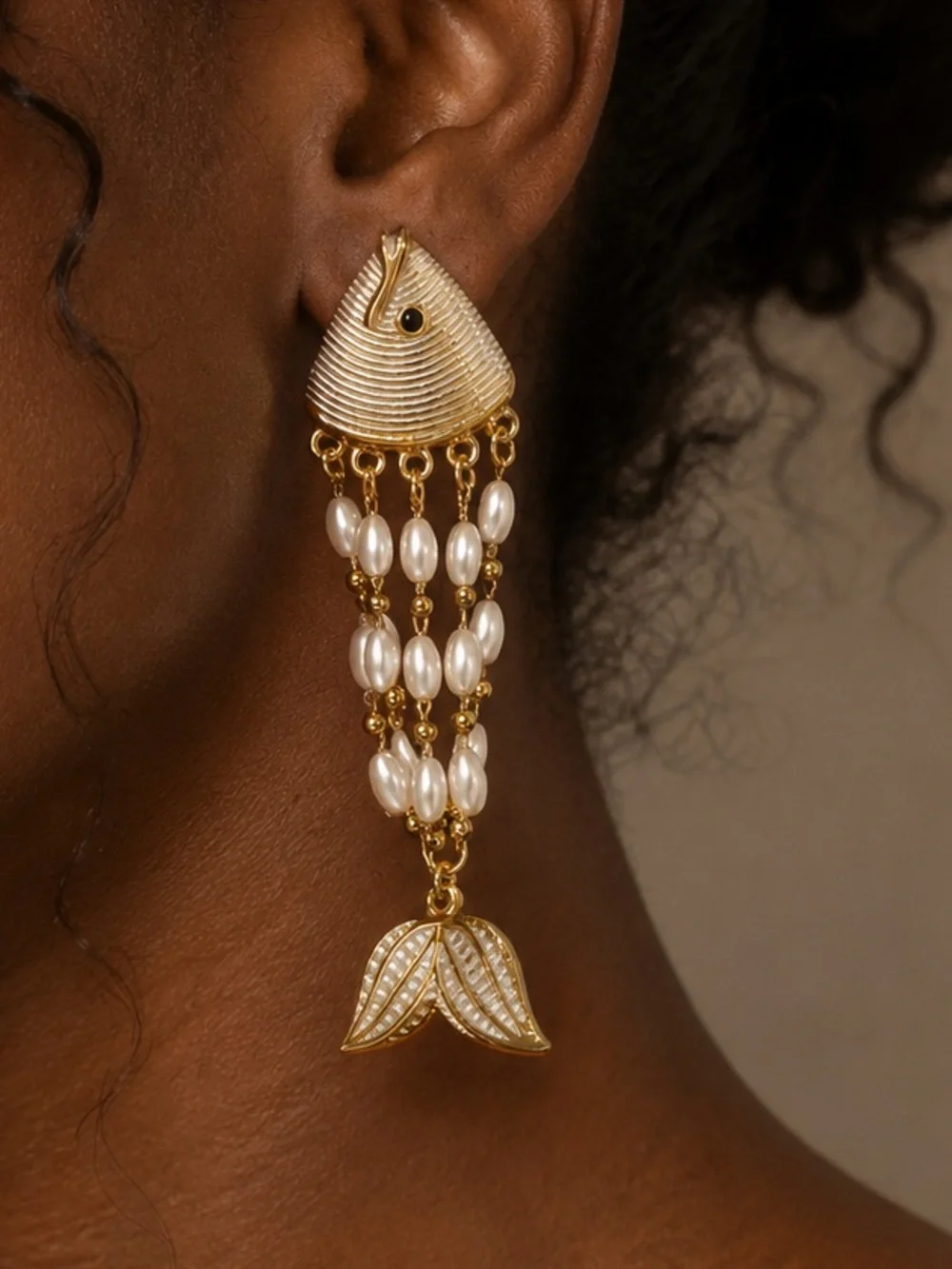 Fish and Pearl Tassel Statement Earrings | Ocean-Inspired Dangle Earrings